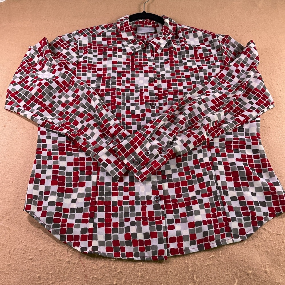 Liz Claiborne Collection Red Grey Geometric Mosaic Print Button Down Shirt 14
